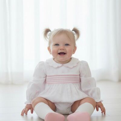 Little Angels Toile Pink Long Sleeve Romper