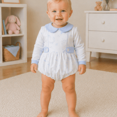 Little Angels Toile Blue Long Sleeve Romper