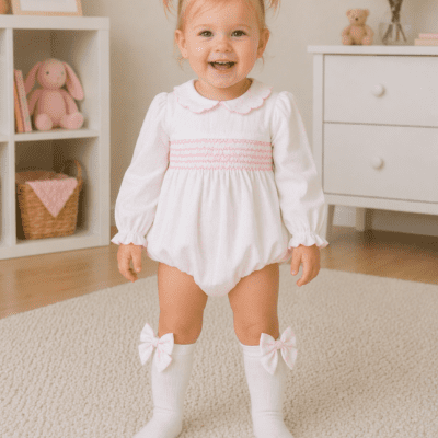 Little Angels Toile Pink Long Sleeve Romper