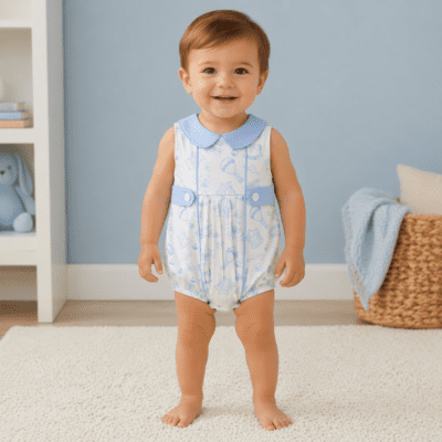 Little Angels Toile Blue Sleeveless Romper